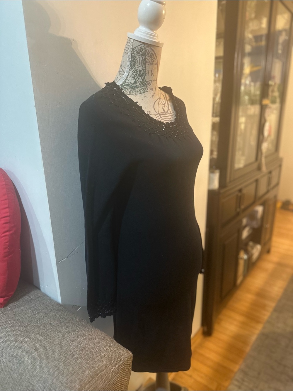 Magaschoni Navy Blue Long-Sleeve Knit Dress with Delicate Trim